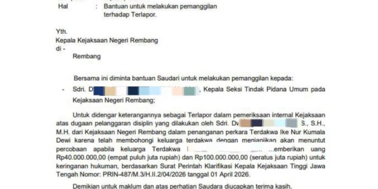 ​Diduga Peras Terdakwa Rp140 Juta, Kasi Pidum Kejari Rembang Diperiksa Kejati